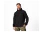 Homme en veste softshell noire à capuche et pantalon cargo vert olive.
