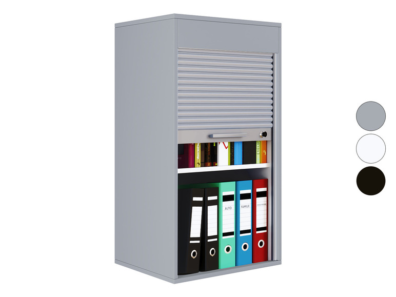 Armoire métallique grise avec porte à enrouleur, remplie de classeurs et de livres.