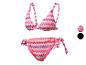 Bikini met zigzagpatroon in roze, oranje en paarse tinten.
