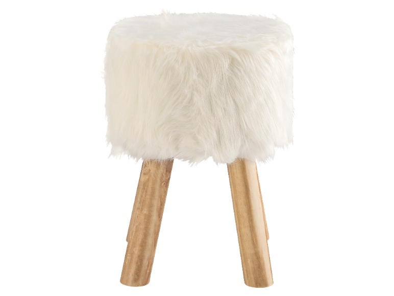 Tabouret en fausse fourrure blanche avec pieds en bois clair