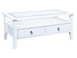 Witte salontafel met glazen blad, twee laden en metalen handgrepen.