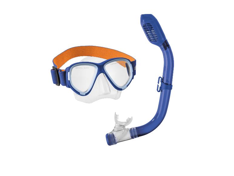 Blauw duikmasker met oranje band en snorkel.