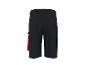 Donkere werkshorts met rode details en cargozakken, achteraanzicht.