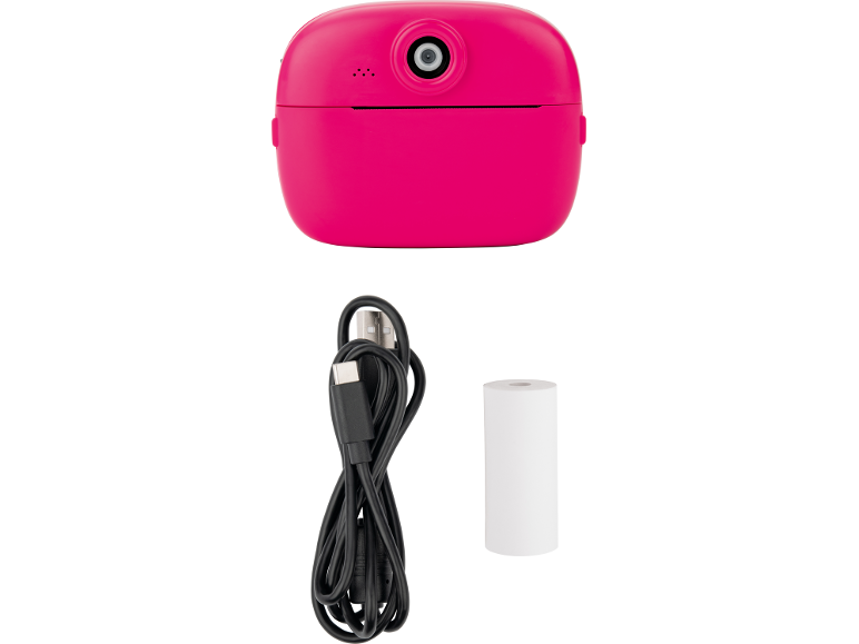 Roze instant camera met USB-kabel en rol thermisch papier.