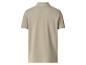 Beige poloshirt met korte mouwen, witte kraag en mouwboorden, achteraanzicht.