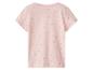 Roze T-shirt met korte mouwen en rode stippen, achteraanzicht.