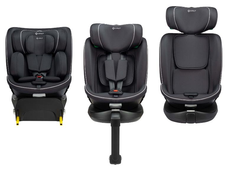 Drie donkergrijze kinderautostoeltjes met witte biezen, vanuit verschillende hoeken getoond.