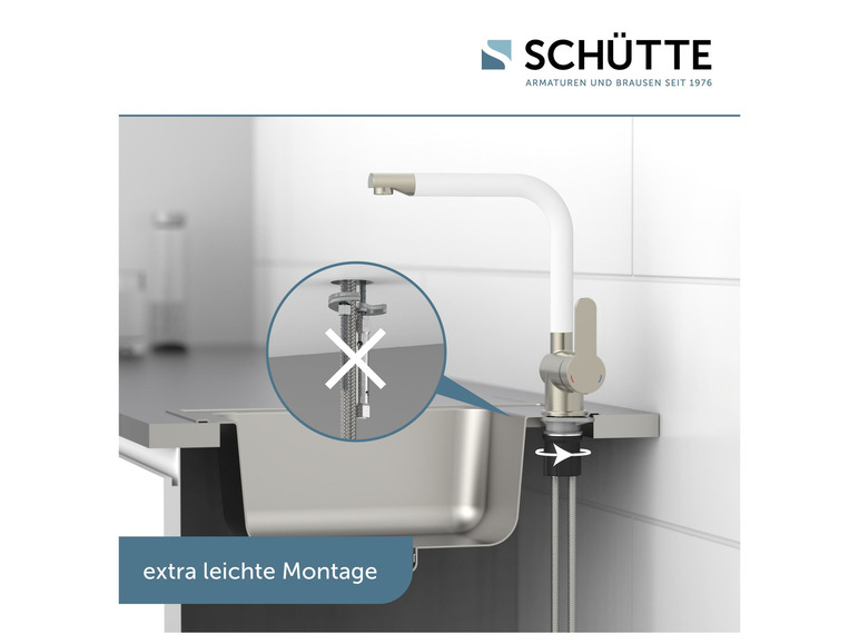 Een witte keukenkraan met een spoelbak en een diagram van een gemakkelijke installatie.