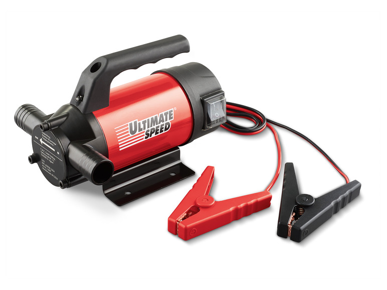 Une pompe à carburant rouge Ultimate Speed ​​avec des pinces noires.