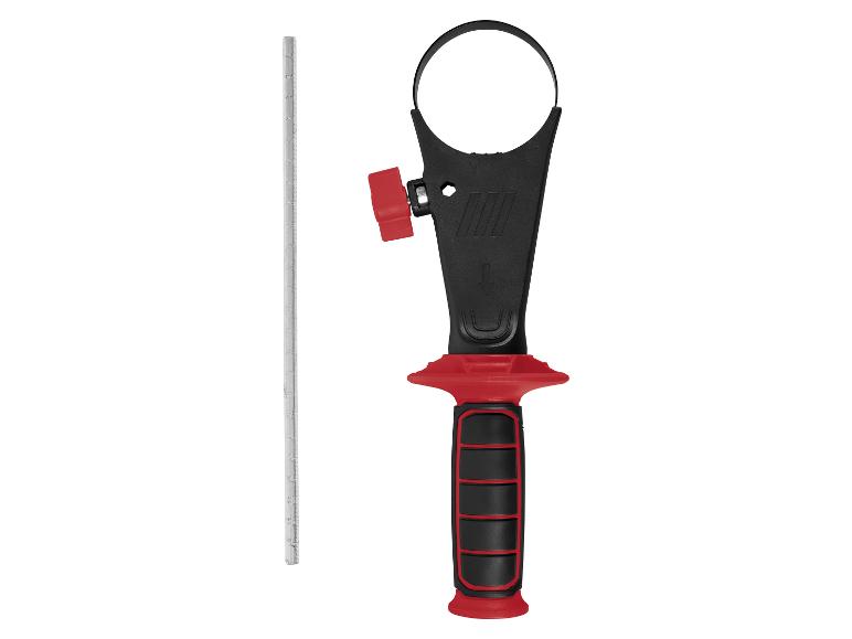 Clé à filtre à huile avec poignée rouge et noire, à côté d'une tige métallique graduée.