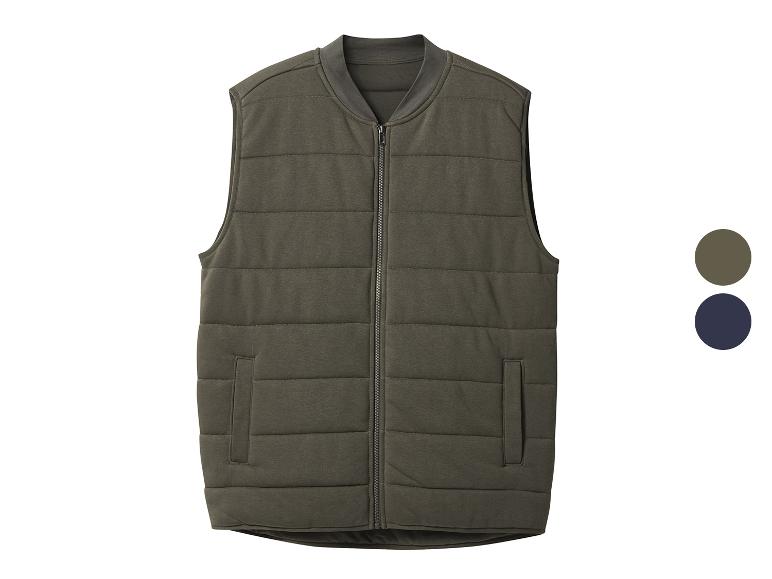 Gilet matelassé pour homme en vert foncé avec fermeture éclair frontale.