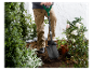 Een man gebruikt een Parkside schop om in de tuin te graven.