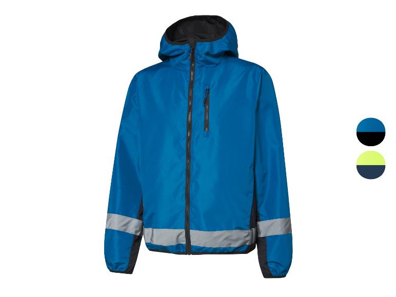 Een blauwe windjack met reflecterende strepen.