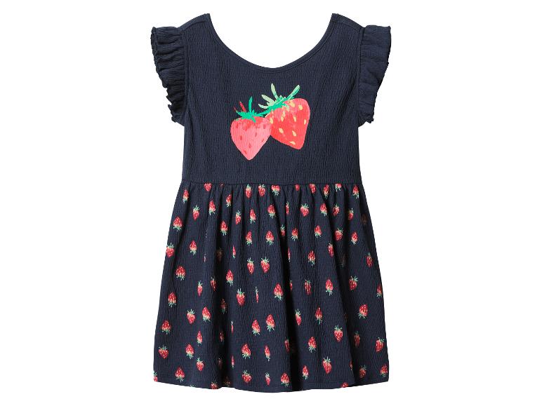 Donkerblauwe kinderzomerjurk met aardbeienprint.