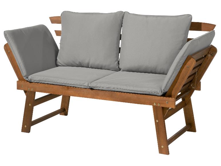 Houten tuinbank met grijze kussens