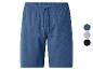 Shorts bleus texturés avec cordon de serrage, présentés avec des échantillons de couleurs bleu, rayé et noir.