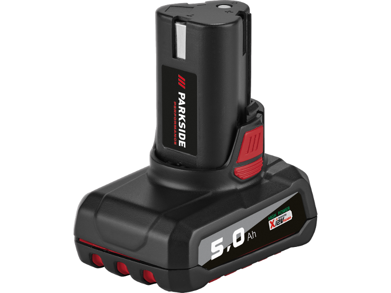Batterie d'outil électrique noire de 5,0 Ah avec des accents rouges et un texte blanc.