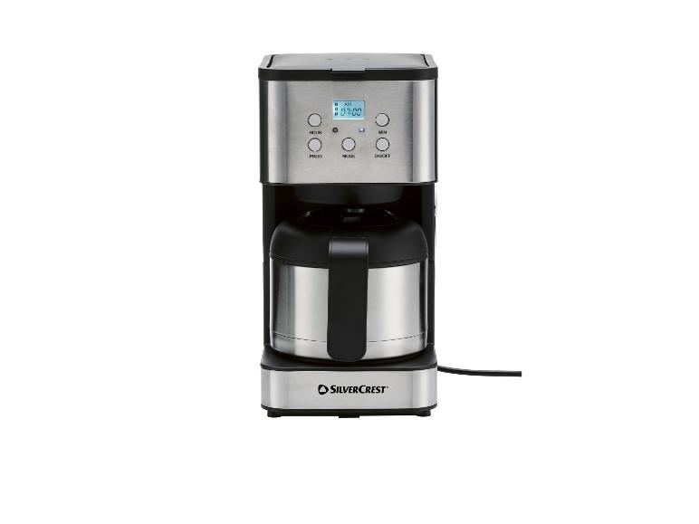 Cafetière SilverCrest en acier inoxydable avec carafe isotherme et affichage numérique.