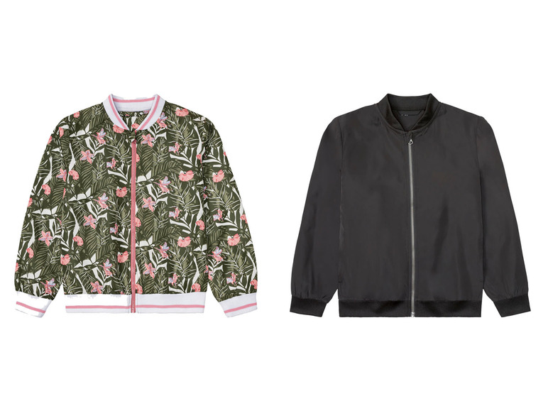 Deux blousons bomber : un à imprimé tropical et un noir.