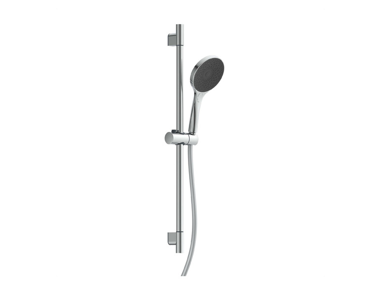 Une pomme de douche chromée avec une douchette et une barre de douche.