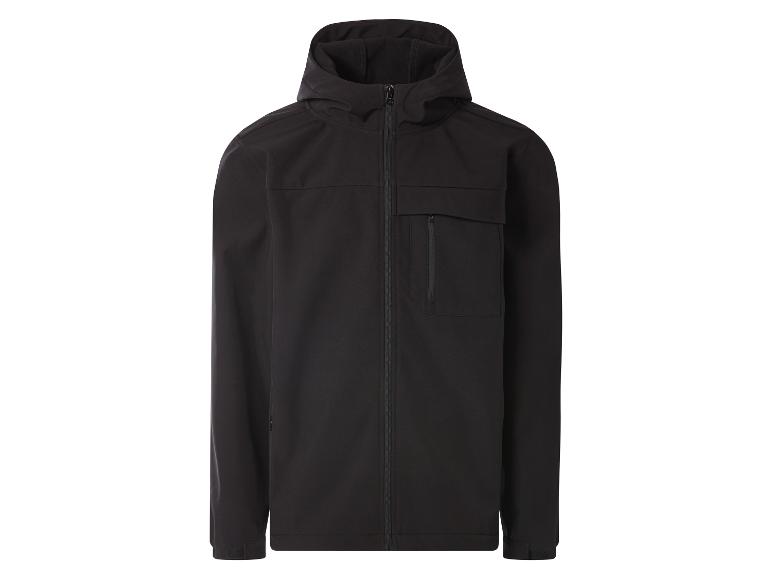 Zwarte softshell jas met capuchon en rits.