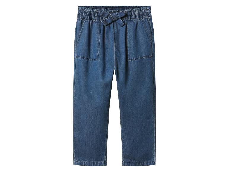 Blauwe denim broek met elastische tailleband en strikceintuur.