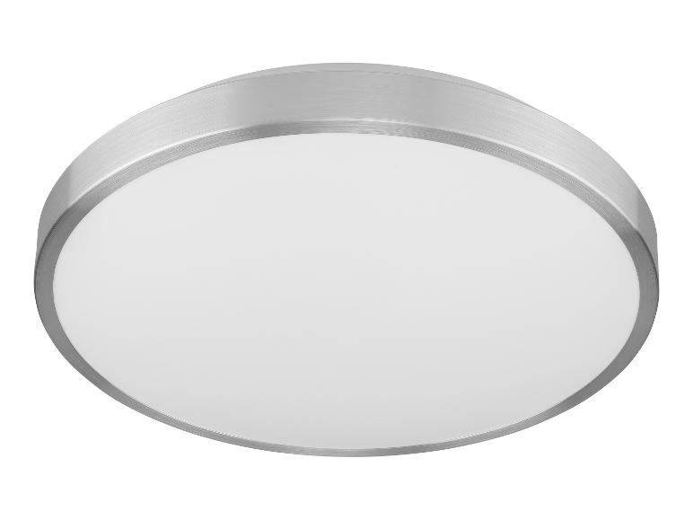 Plafonnier LED rond avec finition en métal brossé et diffuseur blanc.