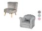 Deux fauteuils pour enfants en velours gris, l'un avec des pieds en bois, l'autre avec des accoudoirs incurvés.