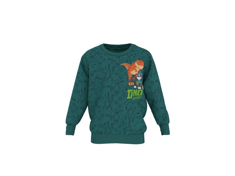 Sweat-shirt enfant vert foncé avec motif dinosaure et texte 'DINO EXPERT'.