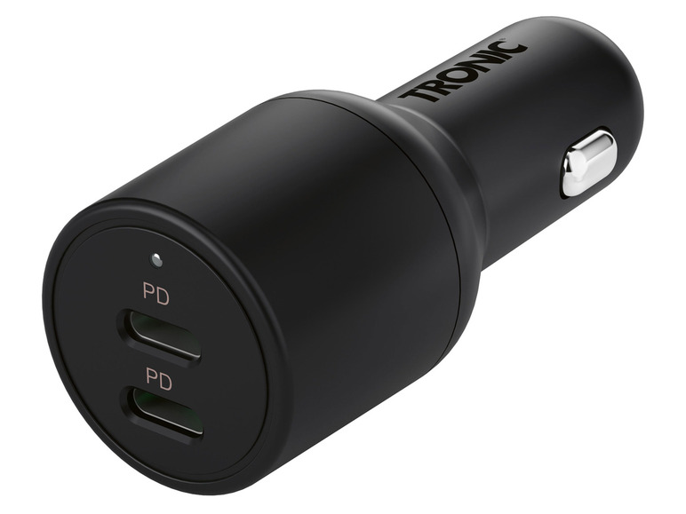 Chargeur de voiture noir avec deux ports USB-C de la marque TRONIC.