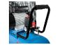 Blauwe compressor met zwarte handgrepen.