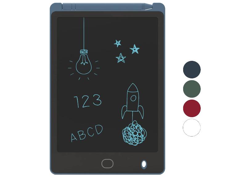 Blauw LCD-schrijftablet met tekeningen en cijfers, naast kleurstalen.