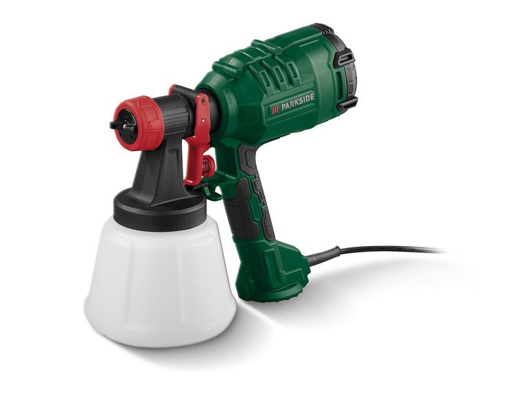 Un pistolet de pulvérisation électrique Parkside vert avec un réservoir.