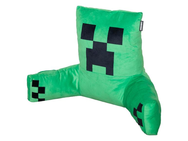 Groen gaming rugkussen met een gepixelde zwarte gezichtsontwerp, lijkend op een populair gamepersonage.