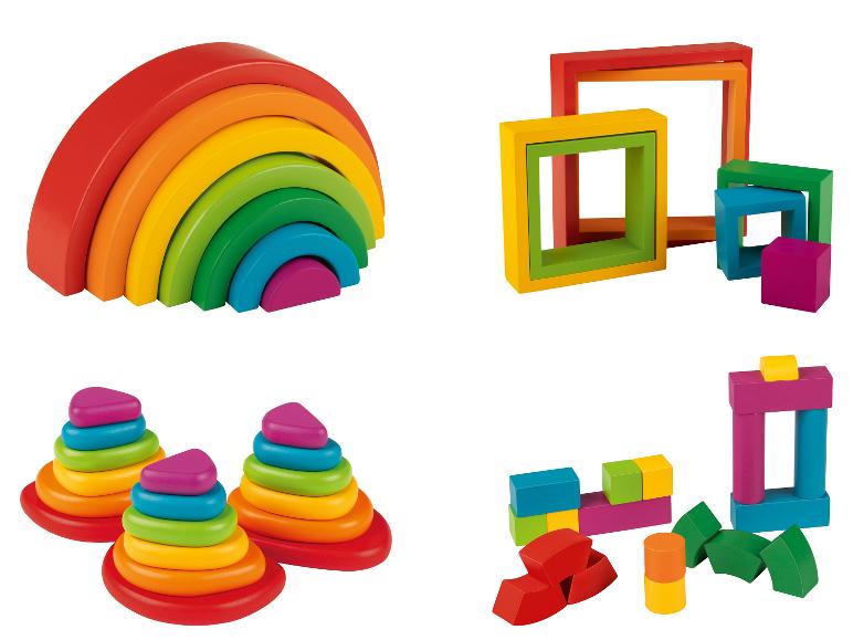 Houten speelgoed voor kinderen: regenboog, puzzel, blokken en toren