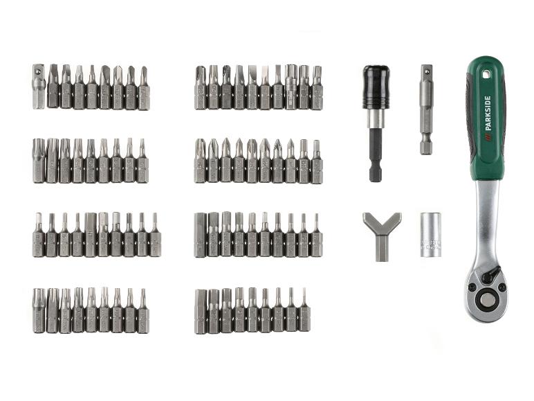 PARKSIDE schroevendraaierbitset met ratelhandvat, diverse bits en adapters.