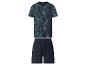 Donkerblauwe herenpyjama met T-shirt met tropische bladprint en effen korte broek.