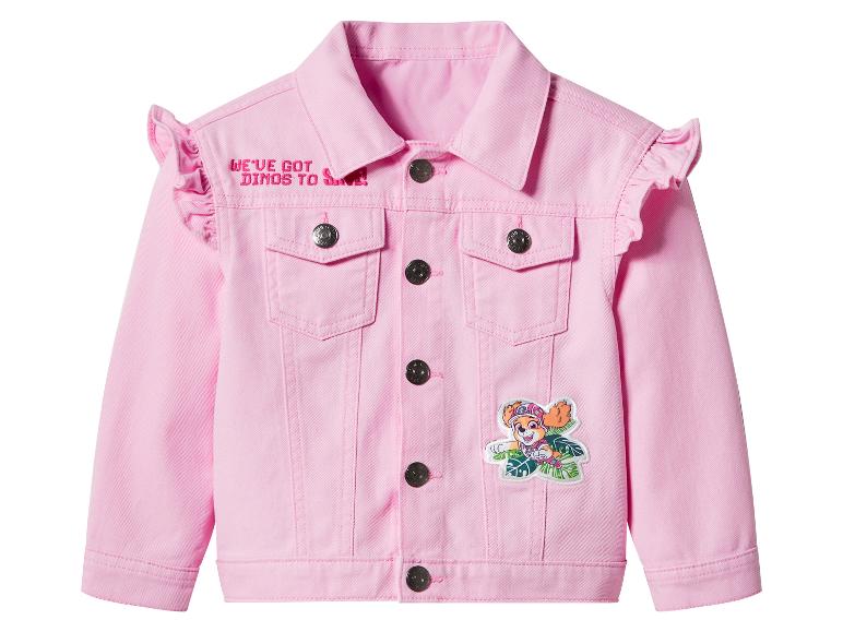Roze spijkerjack met de tekst 'WE'VE GOT DINOS TO SAVE!' en een cartoonhondenpatch.