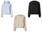 Trois sweats: un bleu clair à capuche, un noir et un beige sans capuche.
