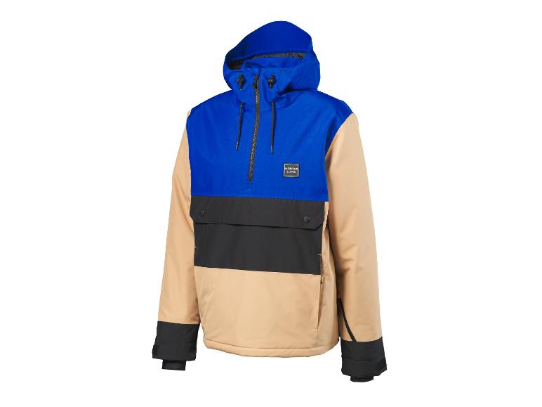Blauwe, zwarte en beige anorak ski-jas met capuchon.