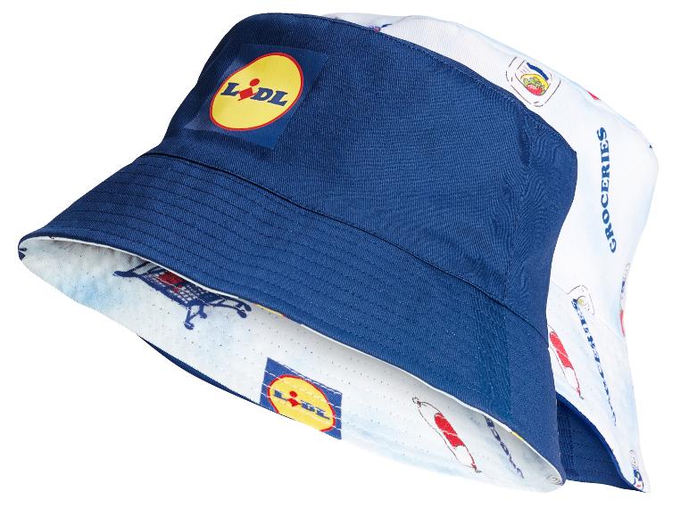 Bob Lidl réversible bleu et blanc avec imprimé courses.