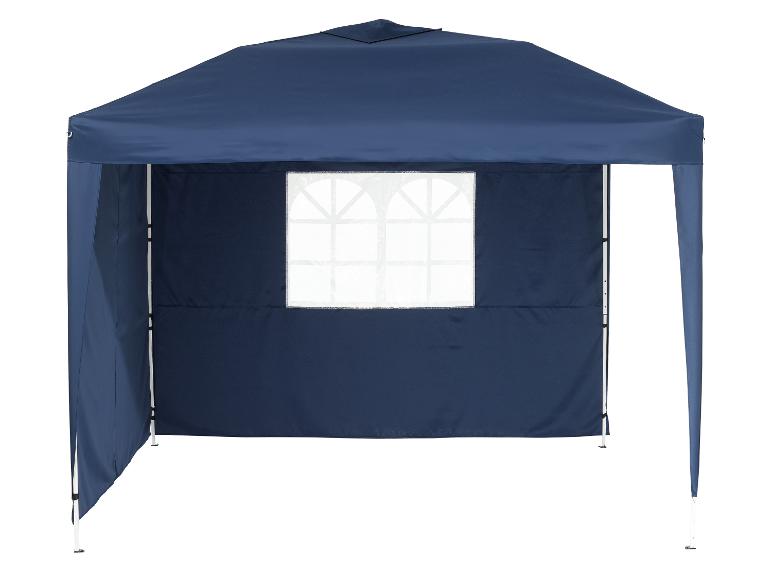 Een donkerblauwe partytent met een raam.