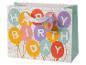 Sac cadeau d'anniversaire blanc avec ballons colorés et confettis, avec poignée en ruban.