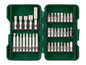 Een set met schroevendraaierbits en bitshouder in een groene doos.