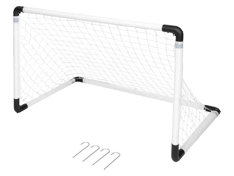Wit voetbaldoel met zwarte hoeken en vier grondpennen.