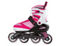 Een roze inline skate met zwarte wielen.