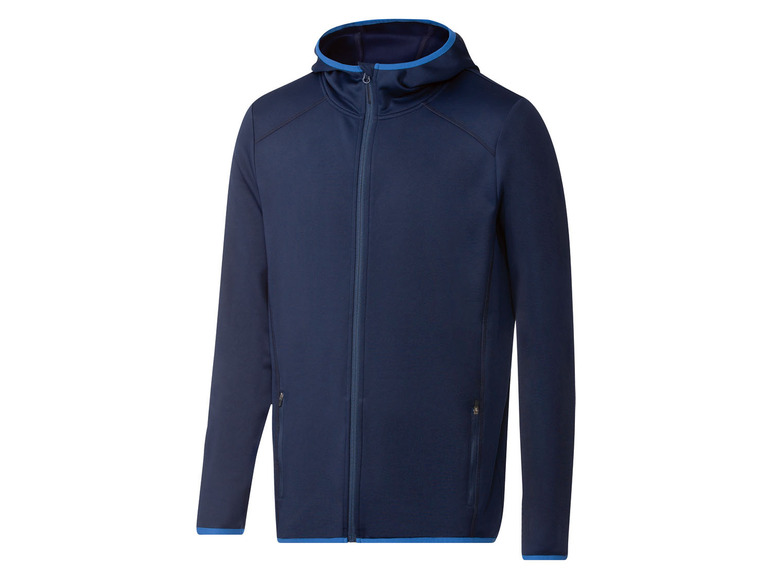 Une veste polaire bleu marine à capuche.