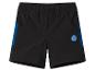 Zwarte kinderbroek met blauwe zijpanden en een ronde patch