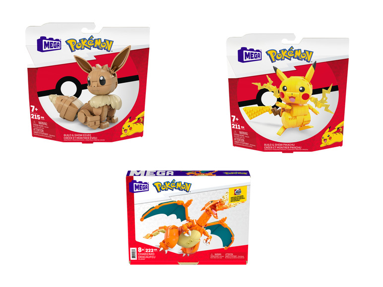 Des ensembles Mega Construx Pokémon avec Eevee, Pikachu et Charizard.