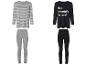 Deux ensembles de vêtements de détente : un gris rayé et un noir avec du texte.